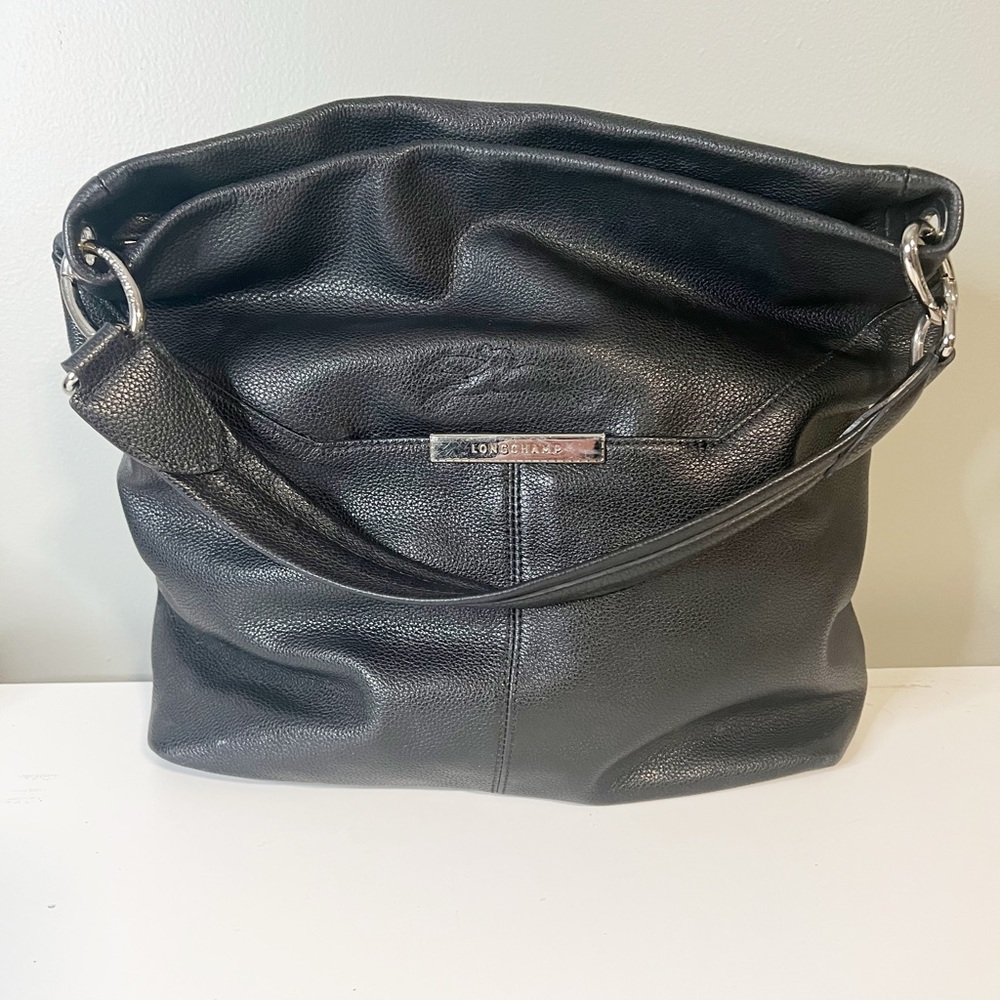 Longchamp Pebbled Black Leather Hobo Crossbody Handbag